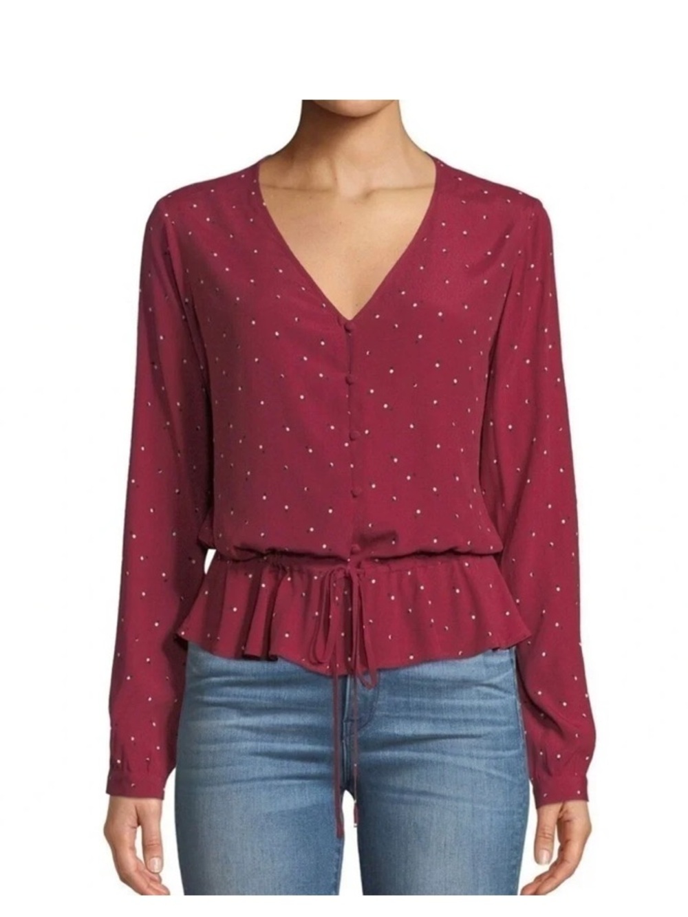 Rails V-Neck Button Front Tie Waist‎ Dot Print Long Sleeve Top Blouse Maroon L